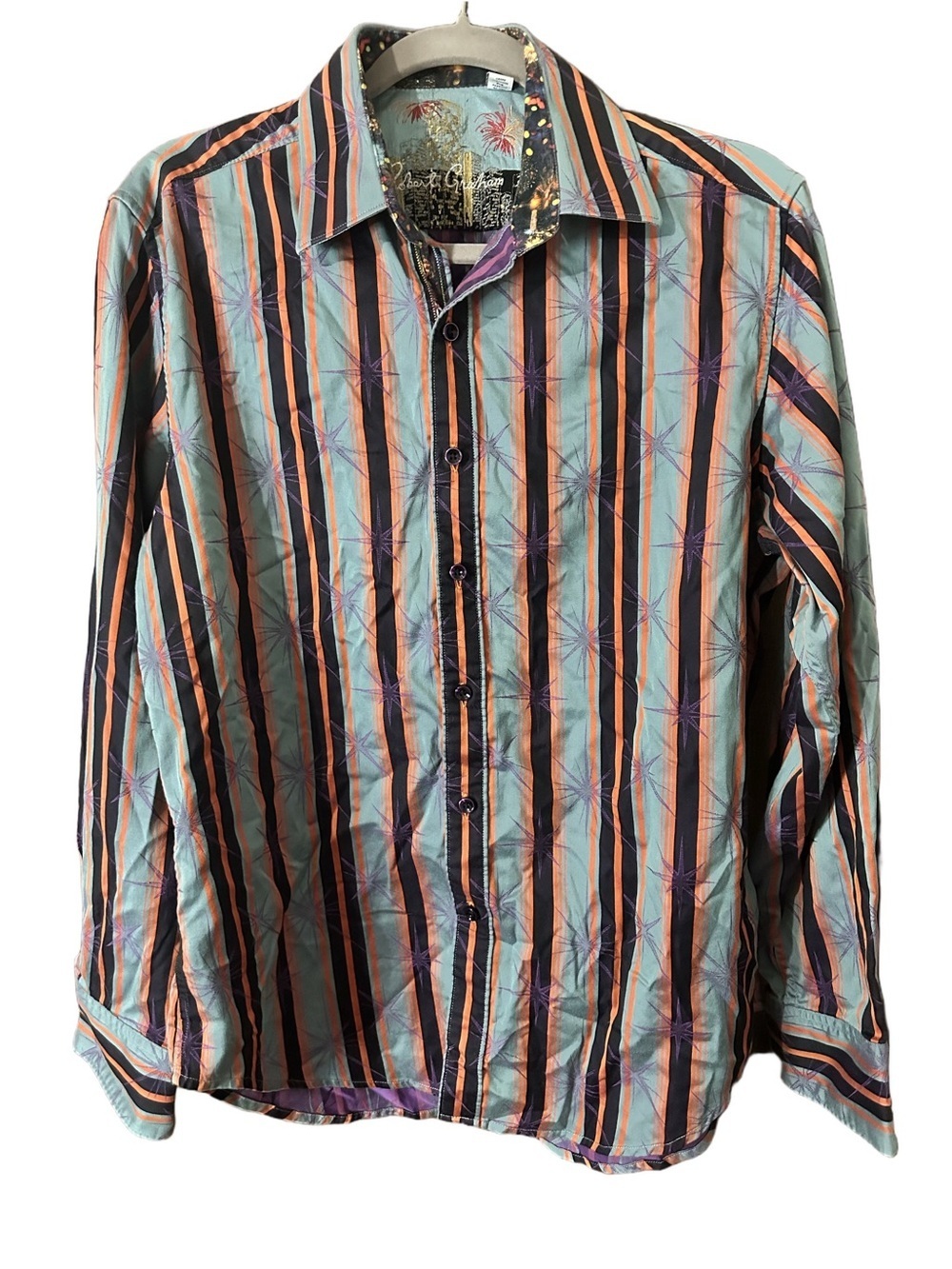 Robert Graham Embroidered Cityscape Stripe Shirt in Aqua Orange & Purple Sz M
